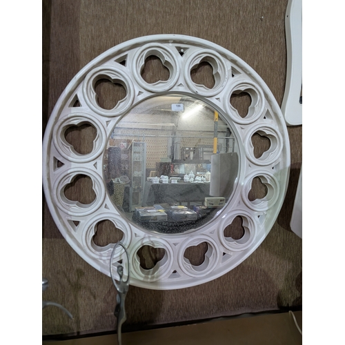 186 - Large round vintage mirror white molded frame with a detailed, gothic design. 32
