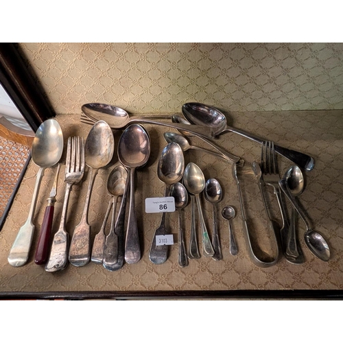 86L - Collection of silver-plated items spoons, fork and sugar tongs