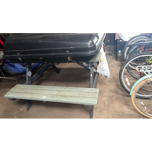 21 - Green painted picnic table and benches