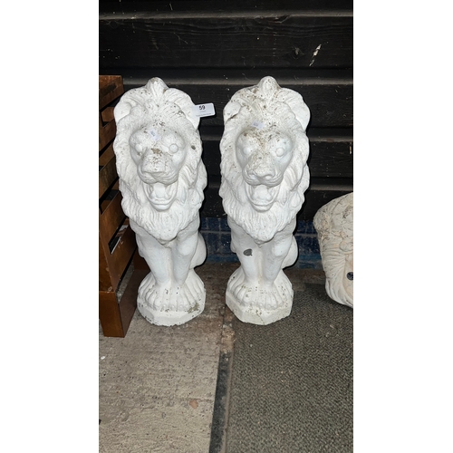 59 - pair of vintage white cast stone or concrete lion statues, approx 54 cm height
