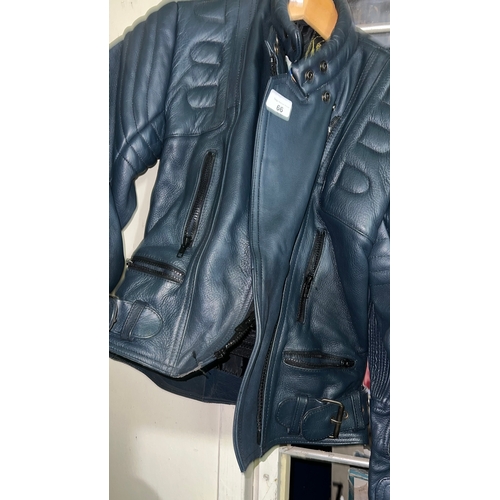 66 - Ladies small size navy blue motorbike leathers jacket and trousers in fantastic condition by J&S