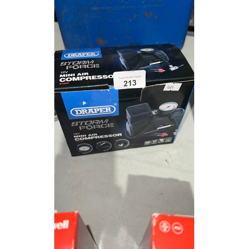 213 - New, Draper Storm Force 12V Mini Air Compressor (Model: 81023).
