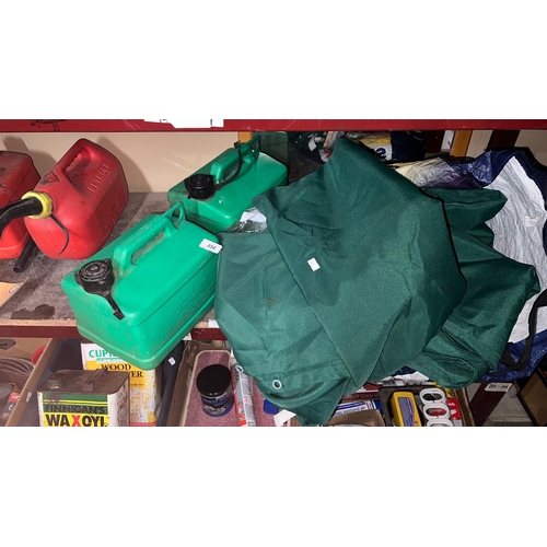 232 - two green jerry cans for fuel, a and a dark green caravan awning