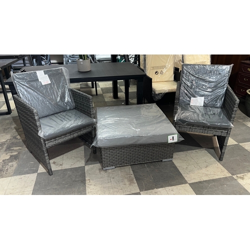 250 - Brand New, 3-piece polyrattan garden furniture set, featuring a square table and two cushioned chair... 