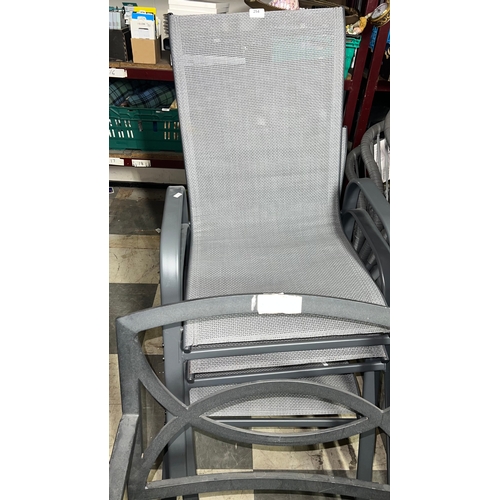 254 - New, Three stackable outdoor patio dining chairs with steel frame and breathable mesh fabric.