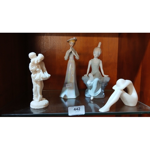 442 - vintage porcelain lady figurine, two modern pieces and a Lladro/Nao figure