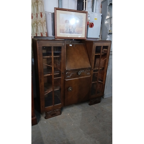 460 - vintage Art Deco-style oak secretary desk combined with a double bookcase featuring glass doors, lik... 