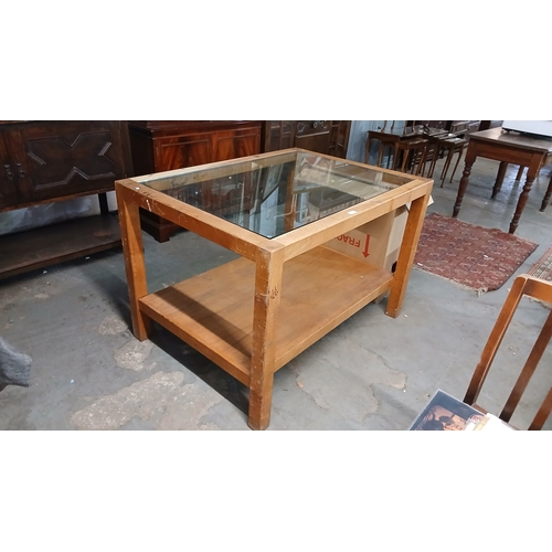 474 - Large wooden glass top table workbench