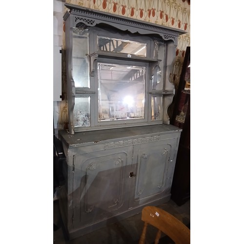 534P - Ornate painted grey French sideboard with bevelled mirror,  128 w x 200 h cm
