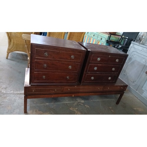 541P - Dark wood long modern coffee table and a pair of bedside drawers