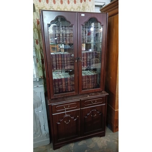 543P - Quality dark wood display cabinet with metal handles, 186 h x 85 w cm
