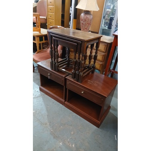 549P - Pair of dark wood bedside cabinets plus oak nest of tables