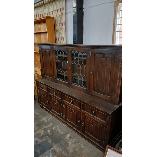 564P - Large leaded glass display cabinet, 186 cm w x 145 cm h