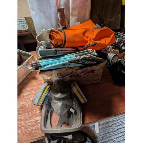 61B - mixed lot contains various tools and safety gear for a workshop.