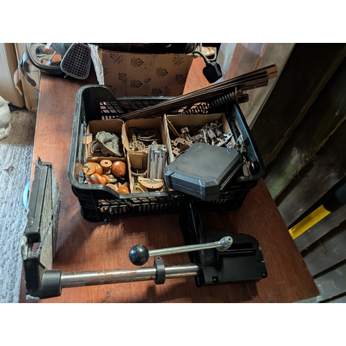 61C - collection of hardware and vintage tools, including brass hinges, door knobs, cabinet latches, and s... 