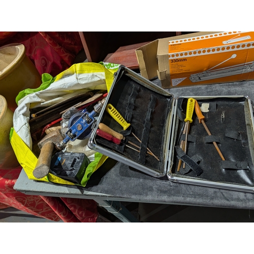 61H - manual tile cutter in its original packaging. And job lot of tools and case