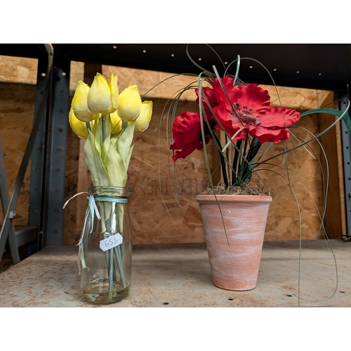 60F - artificial flower arrangements, including a small bundle of yellow tulips in a glass jar and a large... 