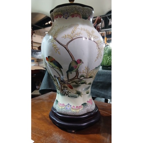 108 - Large decorative oriental-style porcelain table lamp featuring a hand-painted bird and floral design... 