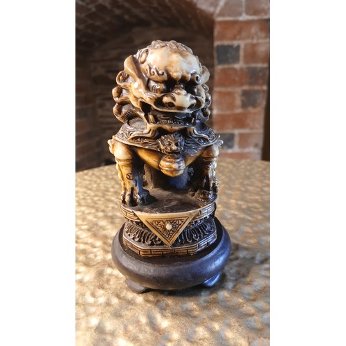 116 - Chinese guardian lion (Foo dog/Buddhist lion) figurine with an antique ivory-finish resin, antique h... 