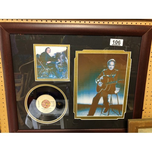 103 - Framed pictures and single of Neil Diamond. Single is 'Forever in blue jeans'