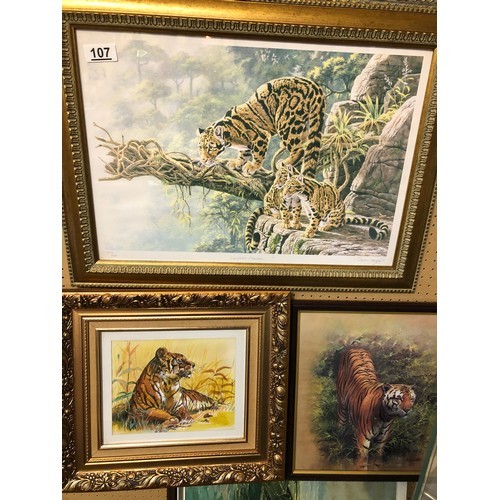 104 - Selection of 3 pictures all depicting Tigers. Two in gold frames and one in dark wood frame