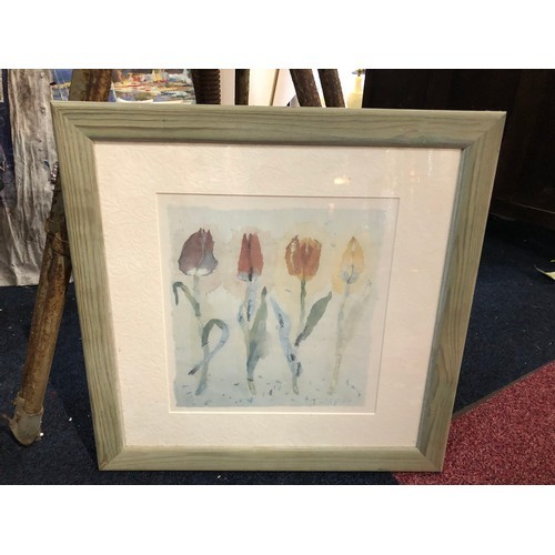 122 - Modern print of Tulips in green washed wood frame Measuring 54cms sq.