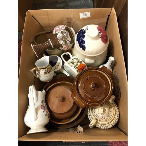 183 - Box selection of assorted jugs and pots with lids and some wooden bowls.