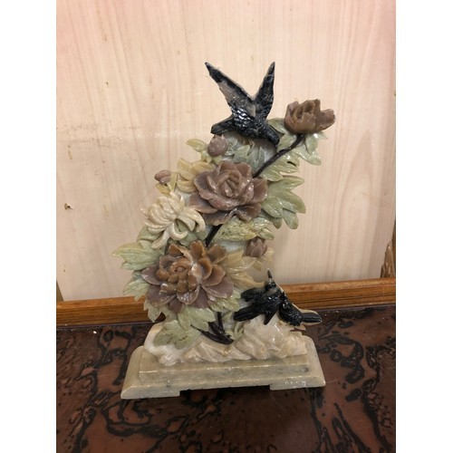 188 - Chinese carved jade and hard stone plaque with Peonies and Birds, standing 10ins high