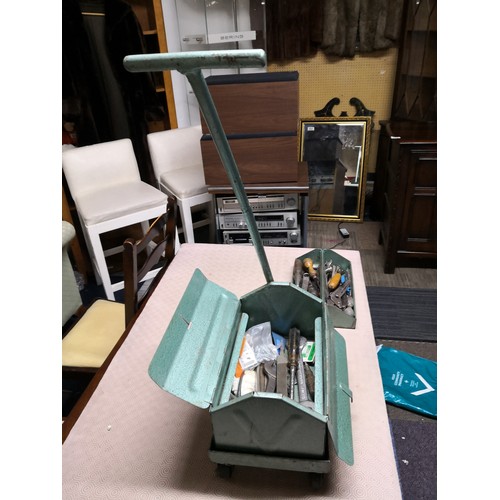 714 - Vintage metal tool box with trolley and various tools