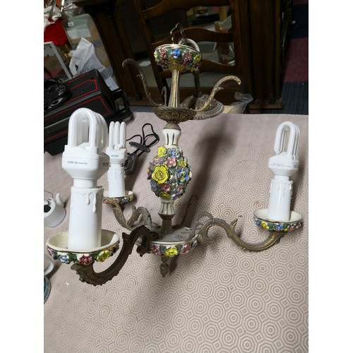 741 - 2 x vintage brass & porcelain Capodimonte-style flower chandelier 3 arms