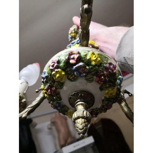 741 - 2 x vintage brass & porcelain Capodimonte-style flower chandelier 3 arms