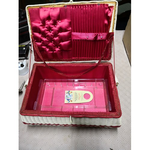 746 - Cream and red wicker style sewing box with red satin interior