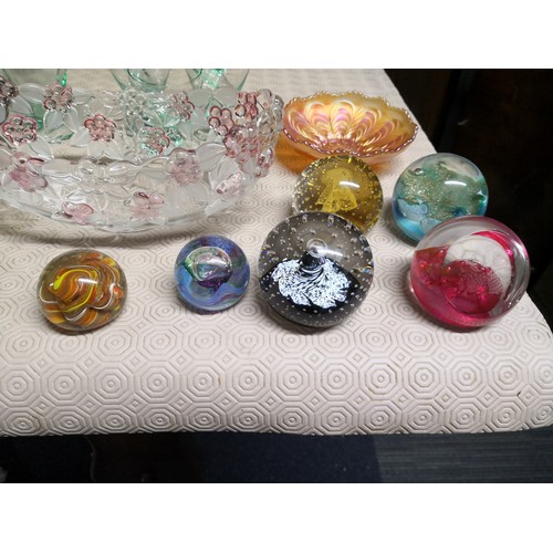 769 - Selection of coloured glassware, paperweights and carnivalware