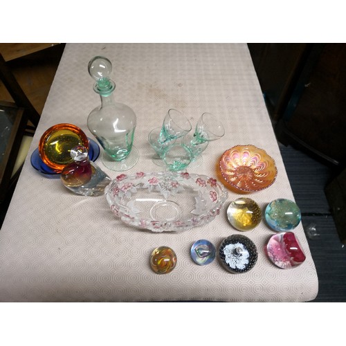 769 - Selection of coloured glassware, paperweights and carnivalware