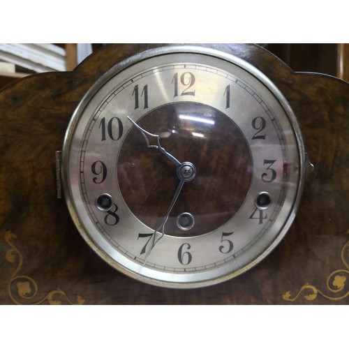 819 - Inlaid mantle clock measuring 27 cms wide and 24 cms tall.Complete with key