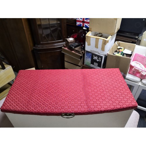 836 - Vintage Ottoman blanket box with red upholstered lid measuring 77 cms x 35 cms x 40 cms tall