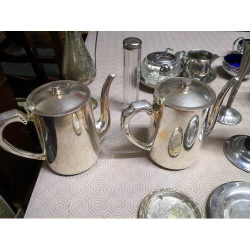 907 - Box of vintage silver plate teapots, jugs and bowls.