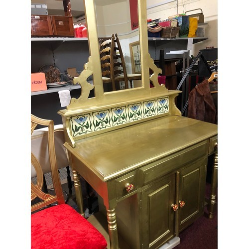 938 - Gold dressing table unit with Art Nouveau style tile decoration below mirror, top measuring 57cmsx10... 