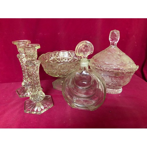 731 - Selection of glassware including a James Lang art deco scent bottle/decanter, a pair of candlesticks... 