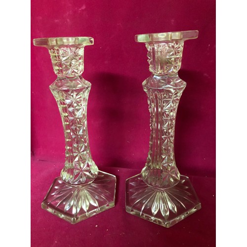 731 - Selection of glassware including a James Lang art deco scent bottle/decanter, a pair of candlesticks... 