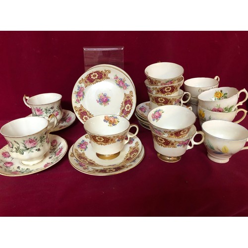 732 - Selection of crockery including 6 matching trios, 2 matching cups and saucers and some odd cups.