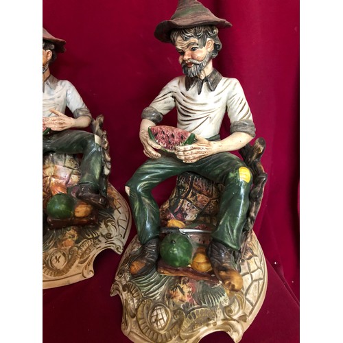 736 - Selection of capodimonte figures. Two of the man eating a watermelon and one of man drinking.