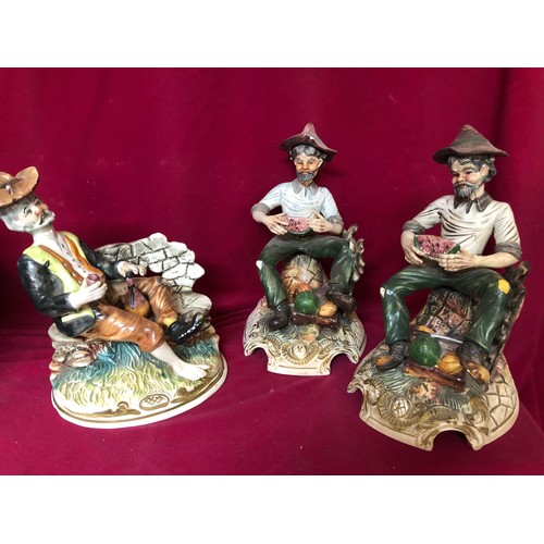 736 - Selection of capodimonte figures. Two of the man eating a watermelon and one of man drinking.