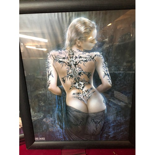 741 - Four pictures in black frames from the Luis Royo Collection depicting semi nude women. They all meas... 