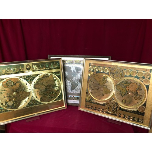 742 - Three etched world map pictures each measuring  56cms x46cms, 2 are predominantly gold in colour wit... 