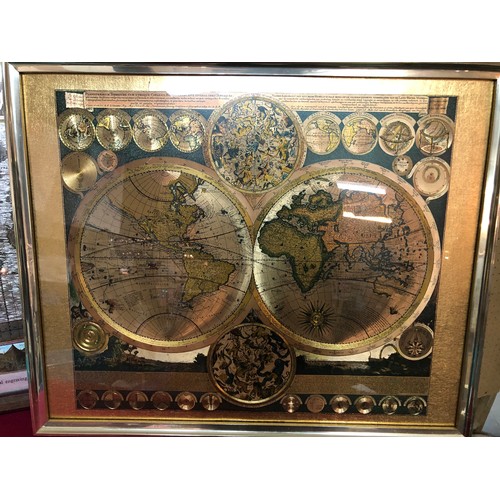 742 - Three etched world map pictures each measuring  56cms x46cms, 2 are predominantly gold in colour wit... 