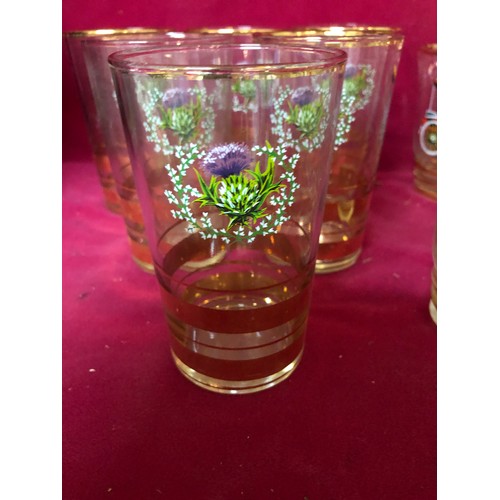 753 - Set of 6 vintage glasses with gold trim and vintage car motif, and set of 6 vintage glasses with gol... 