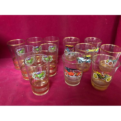 753 - Set of 6 vintage glasses with gold trim and vintage car motif, and set of 6 vintage glasses with gol... 
