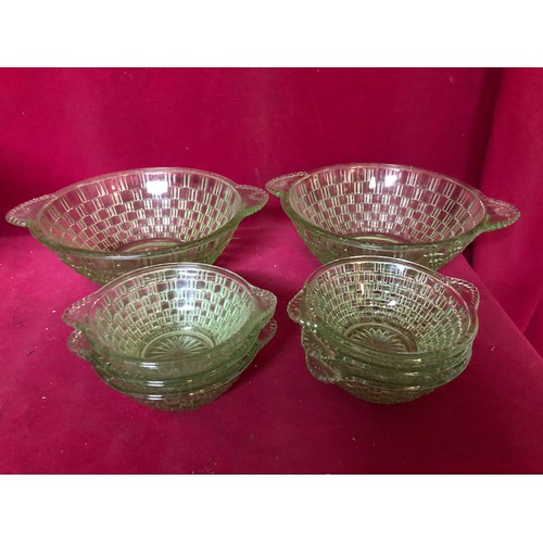 756 - Set of 6 sundae dishes with 2 matching serving dishes in green glass.