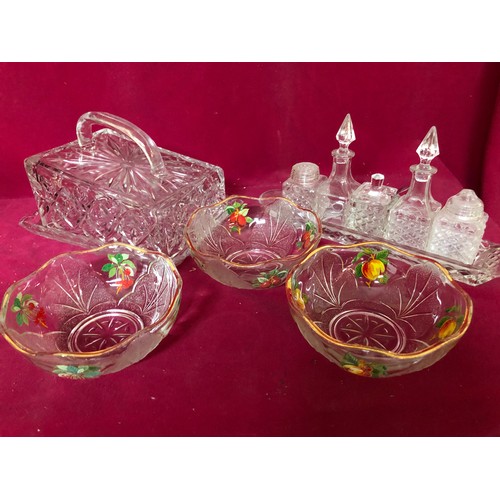 758 - Glass cheese dish, glass cruet set on tray and 3 vintage sundae dishes with gold trim and fruit moti... 